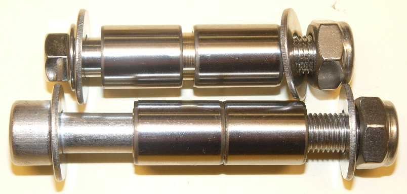Good-quality flange-head bolts with extra washers, plus the longer hex-socket one to carry an extra nyloc nut outboard of the chassis thread.